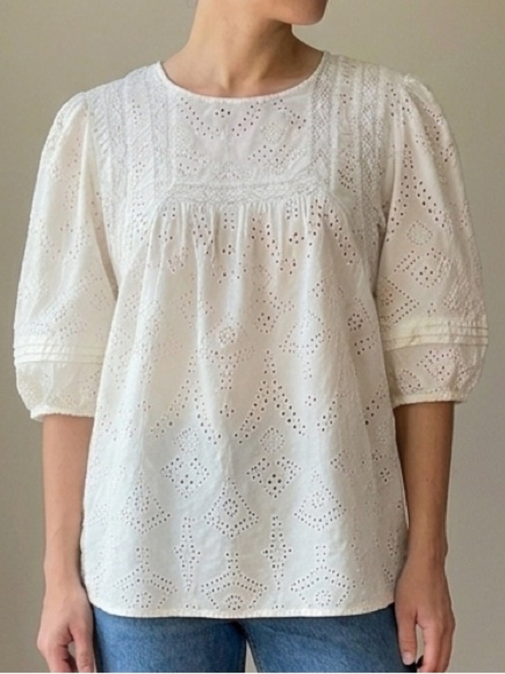 Sanctuary White Eyelet Lace Boho Blouse 100% Cotton Puff Sleeve Embroidered Sz M